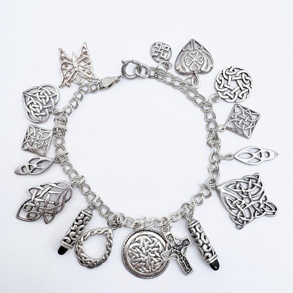 VTG Sterling Silver 925 Celtic Knot & Heart Charm Bracelet Size 8.5" Length - Picture 1 of 14
